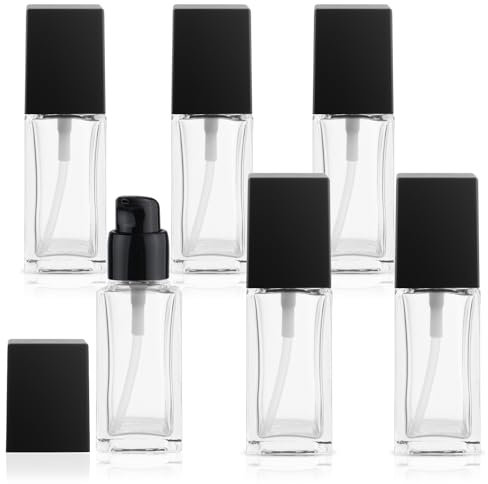 BOSMIOW 6PCS 30ml/1oz Clear Square Glass Liquid Foundation Bottle With Black Pump Head Empty Lotion Vials Facial Cream Containers Holder For Emulsion Cleanser Essential Oils Body Cream