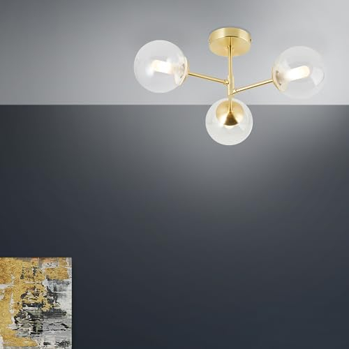 Lightbox glamouröse Deckenlampe - spritzwassergeschützte Deckenleuchte für Badezimmer geeignet - IP44-3 x G9 max. 20 W - 21 cm Höhe & 49 cm Durchmesser - aus Metall/Glas in Goldfarben Matt