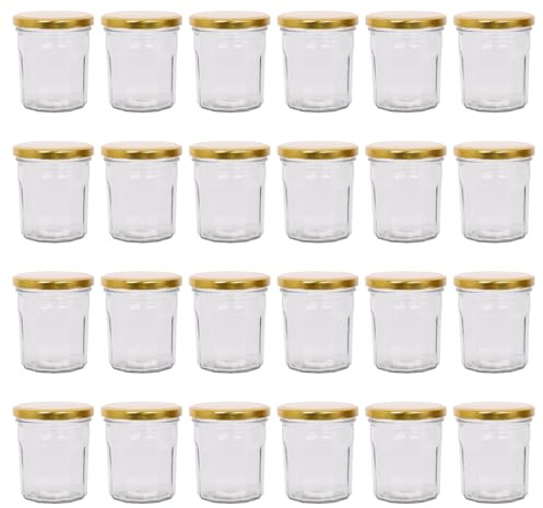 Argon Tableware Glass Jam Jars with Airtight Gold Lids - 250ml - Pack of 24 - Empty Screw Top Kitchen Storage Jar for Food, Honey, Spice, Pickling, Preserving, Candle Making