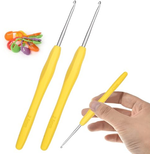 Aeeque 2,5 mm Häkelnadel, 2 Stücke Häkelnadel Set mit Zubehör, Aluminium Häkelnadeln mit Gummigriff, Weich TPR Häkelnadeln für Arthritis, Bunt Häkelnadel Metal zum Häkeln Schal, Pullover, Mützen