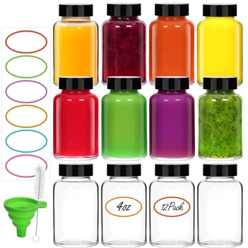 EkkoVla 12 Pack 2 OZ Glass Shot Bottles with Lids for Liquids, 60 ML Wide Mouth Jars with Caps, Reusable Small Clear Juice Shot Bottles for Juice, Sample, Whiskey - Travel