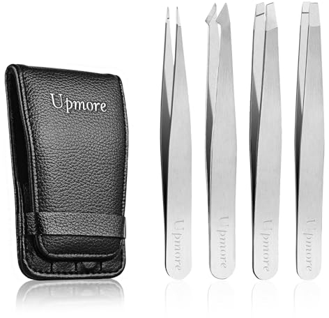Upmore Lot de 4 pinces à épiler en acier inoxydable – Pince à épiler argentée – Pince à épiler droite et pointue pour homme et femme