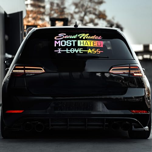 Auto-Aufkleber Set für Heckscheibe, 3 Schriftzüge, Send Nudes, Most Hated, I love ass (Holo Oilslick Silber, 55cm x 26,7cm)