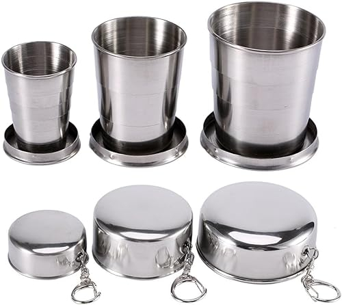 Wusdayer 3 vasos plegables, vasos de metal para camping, taza de viaje plegable portátil con llavero, taza plegable, vasos de lata para beber