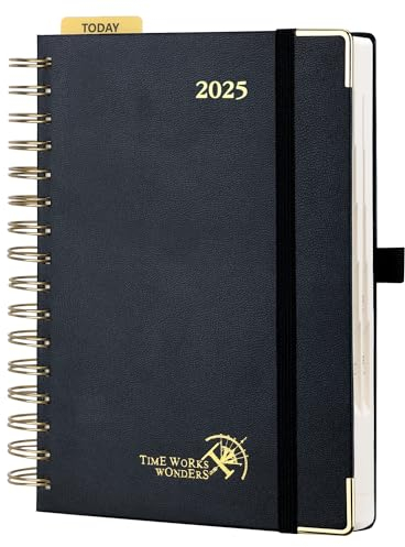 POPRUN Kalender 2025 Tagesplaner Ringbuch mit Hardcover 21,5 x 14,5 cm, Tageskalender A5 1 Tag 1 Seite (Montag - Sonntag), Terminplaner (Jan.2025-Dez.2025) mit Plastiklineal - Schwarz