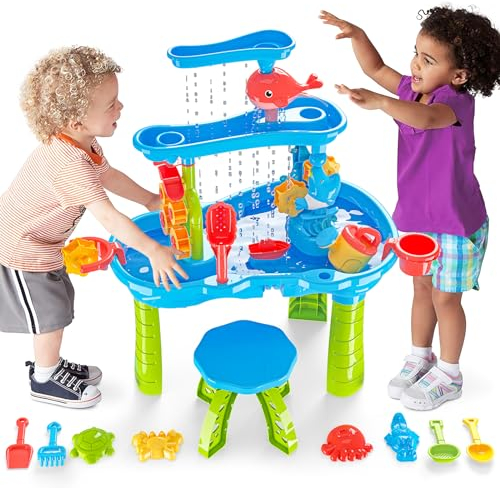 deAO Groß Sand Wassertisch mit 13 Stück Zubehörset, Wasserkocher, Eimer, Sandform, Rechen, Schaufel, Garten Wasser Spieltisch, Draußen Strand Aktivität Tisch Kinder