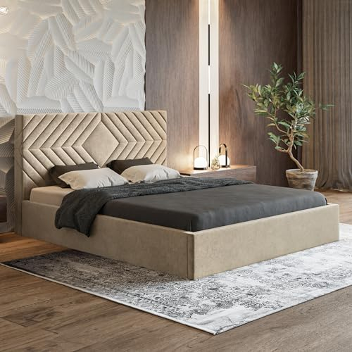 MOTIVENA Eva Polsterbett 120x200 Beige, Polsterbett 120x200 Samt, Polsterbett 120x200 mit Bettkasten, Polsterbett 120x200 mit Stauraum, mit Lattenrost, mit Kopfteil, ohne Matratze, Beige