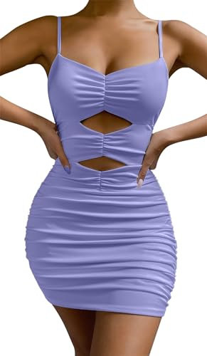 Maeau - Femme Bodycon Mini Robe A-Line Dos Nu sans Manches Robe Bretelles Spaghetti Robe Moulante Sexy Soirée Fête Cocktail Été - Violet - S