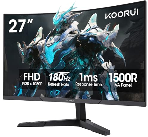 KOORUI Monitor da gioco curvo 27E6CA da 27 pollici, Full HD 1080p R1500 180Hz VA, 99% sRGB, sincronizzazione adattiva integrata, 1 porta display 1.2 e 2 HDMI 2.0, cura degli occhi, compatibile VESA