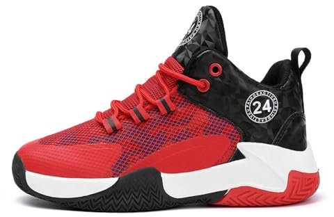 Hixingo Kinder Basketballschuhe Sportschuhe Jungen, Mädchen Sneaker Herren Turnschuhe Anti-Rutsch Laufschuhe High Top Basketball Schuhe Unisex, Rot 36 EU