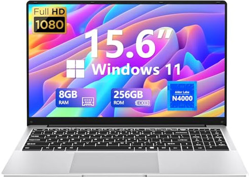 DARYUKUM 15.6 Ordenador Portatil, Celeron N4000 Processor PC Portatil, 8GB RAM LPDDR4 256GB SSD Windows 11 Portátile, 1920 * 1080 IPS FHD Pantalla Laptop Oficina, BT4.2/USB3.0/Mini HDMI