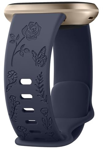 Oumida Armband für Fitbit Versa 3/4, Sense/Sense 2 - Weiches Silikon Mit Blumengravur für Damen und Herren (Navy Blau)