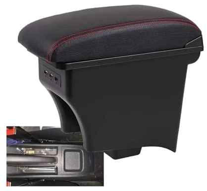 OUSDUO Armlehnenbox Für VW Für Polo Für Ameo Aufbewahrungsbox Für Autoarmlehnen, Autozubehör, USB-Nachrüstung, Innenraumdetails Mittelarmlehne Box(A1 red line Leather)