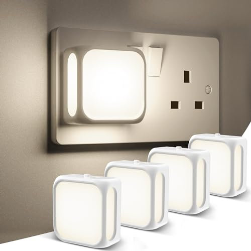 PURSNIC Night Light Plug in Wall, with Dusk to Dawn Photocell Sensor, 4000K Natural White, Brightness Adjustable, for Kids, Bedroom, Hallway, Stairs, 4 Pack