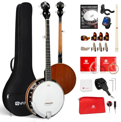 Vangoa Banjo mit 5 Saiten in voller Größe, 96,5 cm, Nylon-Banjo für Erwachsene, Anfänger-Set, mit abnehmbarem Resonator, gefrostetes Remo Trommelfell, Premium-Zubehör, Starter-Banjo für Teenager,