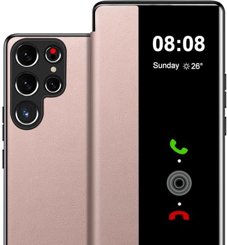 Case for Samsung Galaxy S23 Ultra Case S View, Clear View Flip Folio Premium Leather & Hard PC for Samsung Galaxy S23 Ultra Phone Case, Luxury Anti-Scratch Flip Case for Samsung S23 Ultra (Pink)