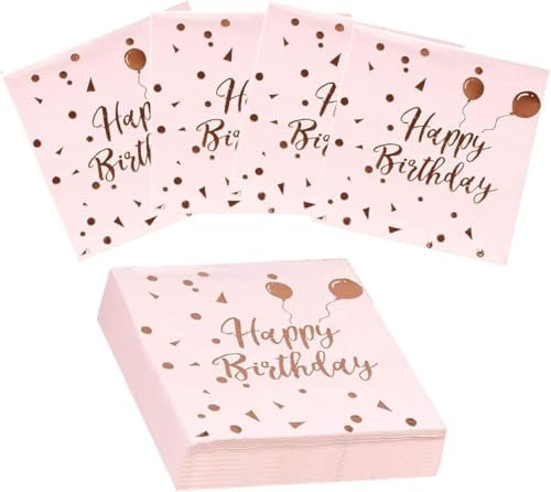 100 Stück Geburtstags-Servietten für Mädchen, Rosa und Gold, Papier, 2 Packungen