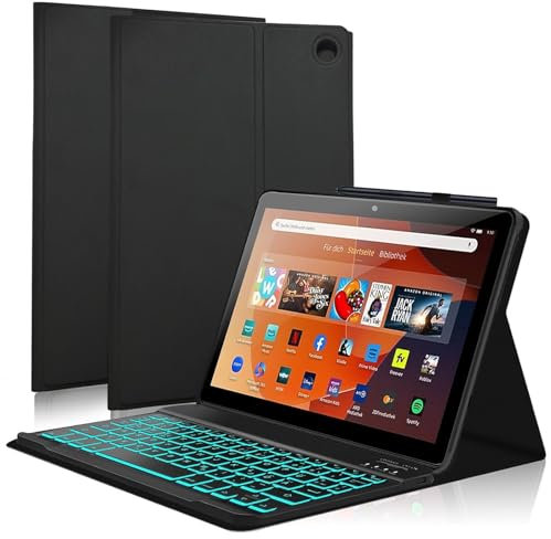 WAVATA Hülle Tastatur für Fire HD 10/HD 10 Plus 10.1'' 2021/2023, Deutsch QWERTZ Layout Beleuchtete Tastatur, Schwarz mit Backlight