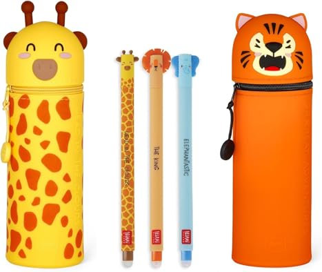 tinta unita Legami Set 2 Astucci Scuola in Morbido Silicone, Tema Giraffa e Tigre + kit Penne Savana