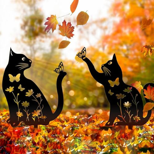 Lot de 2 statues de jardin en forme de chat en fer - Décoration de jardin en métal pour prairie, statues extérieures, décorations de pelouse, amoureux des chiens, cadeaux de laboratoire noirs, animaux