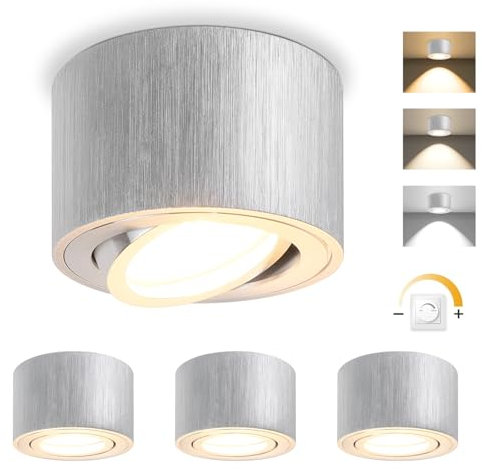 GeyouLux LED Aufbauspot Dimmbar - Extra Flach & 30° Schwenkbar Ø80x50mm Deckenspots Alu Gebürstet - inkl. 5W 500LM LED Modul 230V - 3000K/4000K/6500K Aufbauleuchte Aufputz Spots Aufbaustrahler 4 Stück