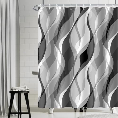 Uiiooazy Rideau Douche Anti Moisissure, Rideau de Douche Gris Clair Abstrait Rayure Noir Rayé Rideaux de Baignoire Tissu Imperméable Polyester Lavable Rideaux Salle de Bain avec 12 Crochets 180x200cm