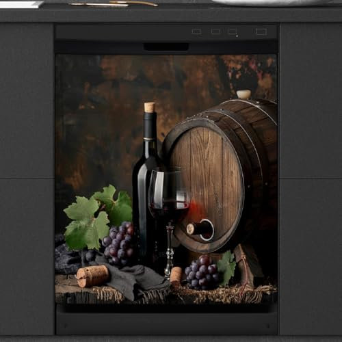 Rotweinglas-Geschirrspüler-Magnetabdeckung, Holzfass, magnetisch, Geschirrspüler-Dekor-Aufkleber, Kühlschrank-Panel, Dekoration, Küche, Zuhause, dekorativ, 53,3 x 66 cm
