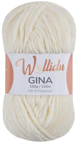 Wollidu Gina Chenille Garn zum Stricken und Häkeln 1 x 100g/120m Set 100% Polyester - Creme
