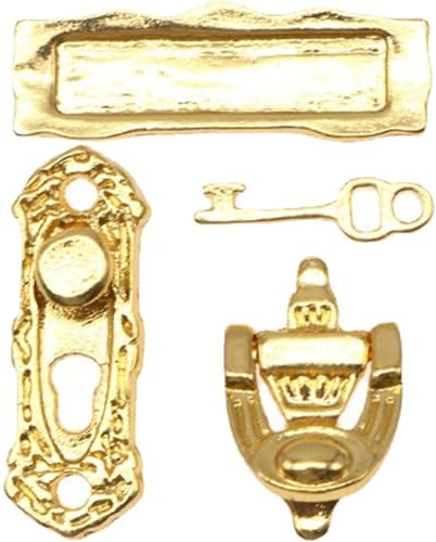 Dollhouse Door Knobs 4Pcs/Set 1/12 Scale Retro Miniature Lock and Key Toy Metal Door Lock Dollhouse Miniatures Model Knocker Doorplate Set for Decoration