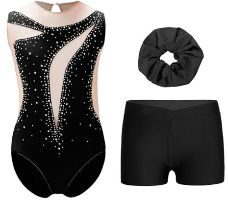 Jugaoge Mädchen Ärmellos Turnanzug Mesh Streifen Gymnastikanzug mit Glitzer + Haargummi + Sport Shorts Hotpants Tanzbekleidung Set Schwarz 110-116