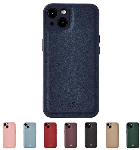 Tirita Personalised Leather Phone Case for iPhone 12 Mini – Leather Navy Blue Case or Cover With Custom Initials – Personalised Gift for Men or Women [12. Navy Blue Embossed (No Gold) Initials]