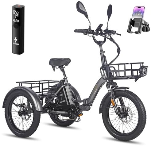 Fafrees 2025 F20 MATE Electric Trike for Adults UK, 48V 21Ah Removable Battery 65-115KM Range | 20x3.0 Fat Tyres Electric Tricycle, Foldable Cargo Ebike Dual Suspension (BLAKC+2 BASKETS)