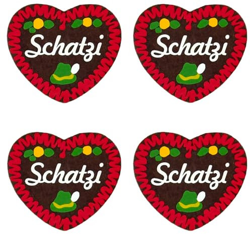 4er-Set Filzherz Anstecker SCHATZI im Lebkuchenherz-Design (7x6,5 cm) - Oktoberfest Volksfest Wiesn Accessories Fasching Geburtstag Hochzeit Junggesellinnenabschied Bayerische Party (SCHATZI - rot)