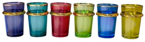 Générique Set de 12 Verres à Thé Marocains Traditionnels – Multicolores avec Bordure Dorée – Style Oriental Artisanal – Verres à Thé à la Menthe