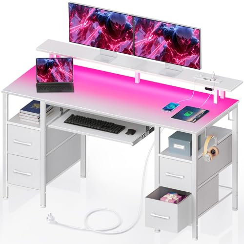 Seventable Scrivania con Cassetti LED, Postazione Gaming con 2 Prese di Corrente e 2 Porte di Ricarica USB, Scrivania Gaming con Supporto per Monitor & Vassoio per Tastiera per Ufficio(Bianco 120 cm)