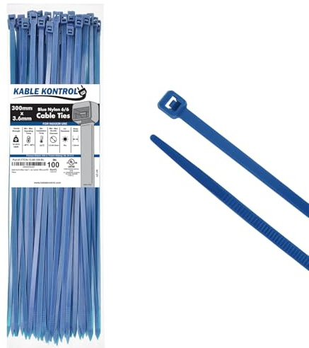 Kable Kontrol Bridas azules de 300 mm x 3,6 mm, paquete de 100 bridas de nailon de alta calidad de 12 pulgadas, envolturas de plástico multiusos, mecanismo de autobloqueo seguro, para el hogar, jardín
