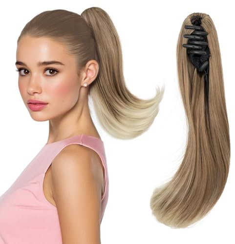 Silk-co Gewellter Pferdeschwanz mit Klammer, Synthetische Lange Lockige Haarverlängerung mit Kleinem Clip, Natürliches Ponytail Zopf Extension Haarteil für Damen Dunkelblond/Bleichblond 30cm