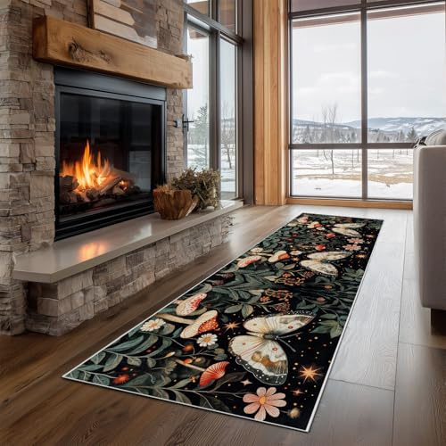 Dppyuxa Läufer Flur Märchen Wald und lang für die Küche Blatt als 60x150 cm | Teppich rutschfest Waschbar Botanisches Ornament Küchenläufer Wunderland Flurteppich auch Bettvorleger für Schlafzimmer