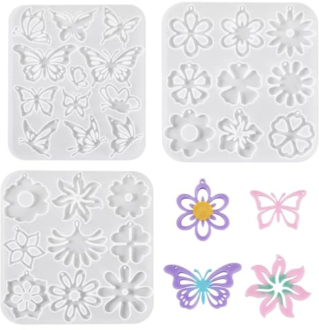 Bestewelry - Lot de 3 moules en silicone 3D pour fabrication de bijoux en résine UV, papillons, insectes, fleurs, résine époxy, moules de coulée en silicone pour la création de bijoux en résine époxy