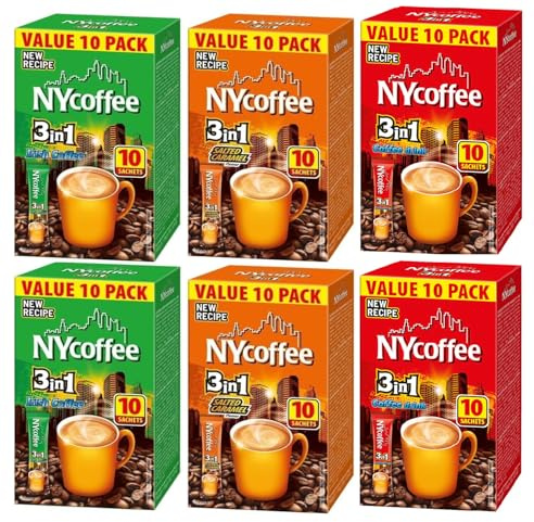 NY Coffee 3 in 1 Variety Pack Sachets x10 (Pack of 6, Total 60 Sachets) - Salted Caramel 3in1, Coffee Drink 3in1 and Irish Coffee 3in1