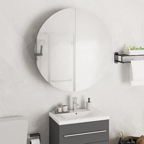 QJBSAVVA LED Badezimmerschrank mit runder Spiegel 80 cm Rundlicht Holz Eiche 54 x 54 x 17 5 cm Wandmontage kleines Regal mit 2 Türen Badmöbel Modern für Badezimmer Gäste WC Flur