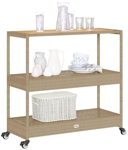 Tomostar Gartenwagen, Barwagen für den Außenbereich, 3 Ebenen, Beige Rattan und massives Akazienholz