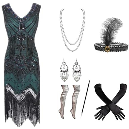 7 Stück 1920er Charleston Kleid Karneval Kostüm Damen 1920er-Jahre-Flapper-Kleid V-Ausschnitt Pailletten Perlen Fransen Kleid mit 20er Jahre Accessoires für Faschingskostüm Zubehör Party S-5XL