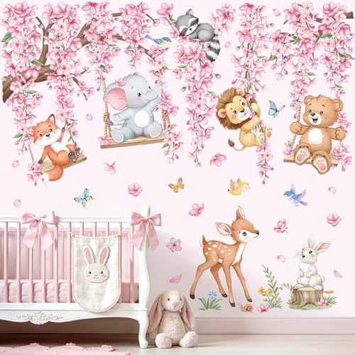 wondever Wandtattoo Dschungel Tiere Baum Zweig Wandsticker Kirschblüte Rosa | Abziehen und Aufkleben, Abziehbar, Wandaufkleber Selbstklebend für Kinderzimmer Mädchen Babyzimmer Mädchenzimmer Wanddeko