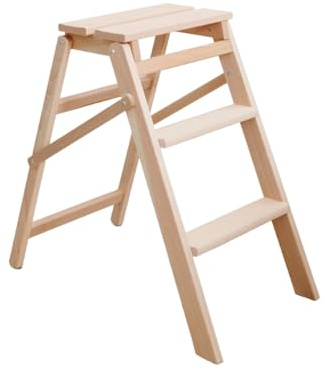 3-Step Ladder in Natural Beech Wood, Foldable and Non-Slip, Load 150 kg, Space-Saving Ladder for Kitchen, Wardrobe and Home, 38 x 65 x 66 cm, Made in Italy