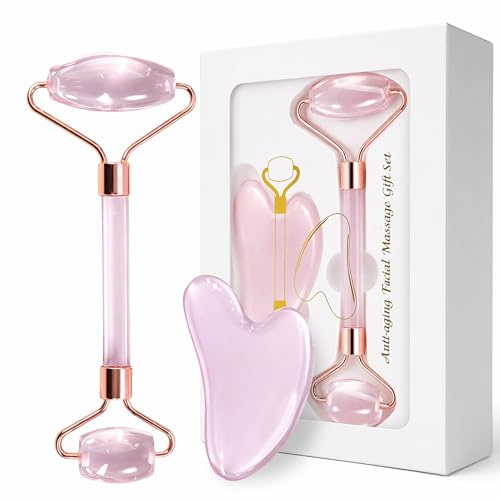 Gua Sha Stein und Gesichtsroller Rosenquarz Set, Jade Roller Massagegerät, Natürlicher Quarz Anti-Aging, Reduziert Schwellungen, Strafft Haut, Geschenk für Frauen Muttertag Geburtstag