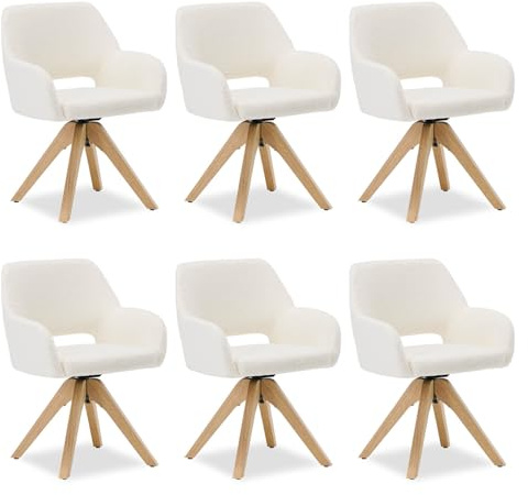 Homestyle4u Esszimmerstühle 6er Set, Drehbarer Polsterstuhl Weiß Set, Stühle Esszimmer Teddy Stoff, Esszimmerstühle mit Armlehnen, 360 Grad Drehfunktion, Holz Beine