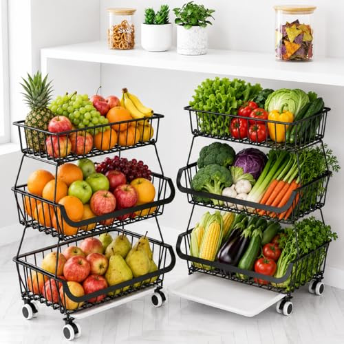 Obstkorb 3 Ebenen, rollbarer Gemüsekorb aus Metall, Früchtekorb Küchenwagen mit Rollen, Aufbewahrungskorb Organizer für Obst, Gemüse, Zwiebeln, Kartoffeln, Snacks, Küche, Vorratskammer, schwarz