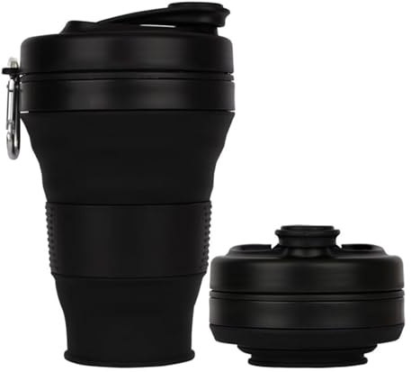 LYY Gobelet de voyage pliable en silicone avec couvercle, gobelet de voyage avec paille, gobelet pliable pour randonnée, camping et bureau (noir, 600 ml)