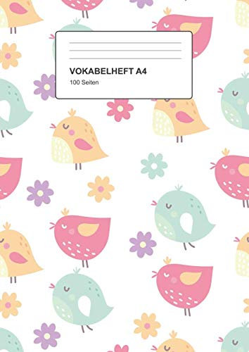 Vokabelheft A4: 2 Spalten, 100 Seiten, Vokabeln lernen leicht gemacht, Soft Cover, Motiv: Bunte Vöglein